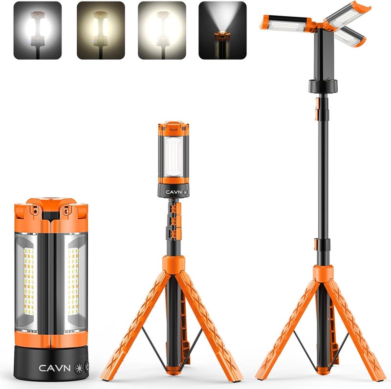 CAVN Rechargeable Camping Lights with Stand 6.5 ft Max Height, Portable Cordless LED Work Light 2200 Lumens 6500/4500/3500K Dimmable Camping Essentials Gear with Detachable Tripod, Orange - Image 1